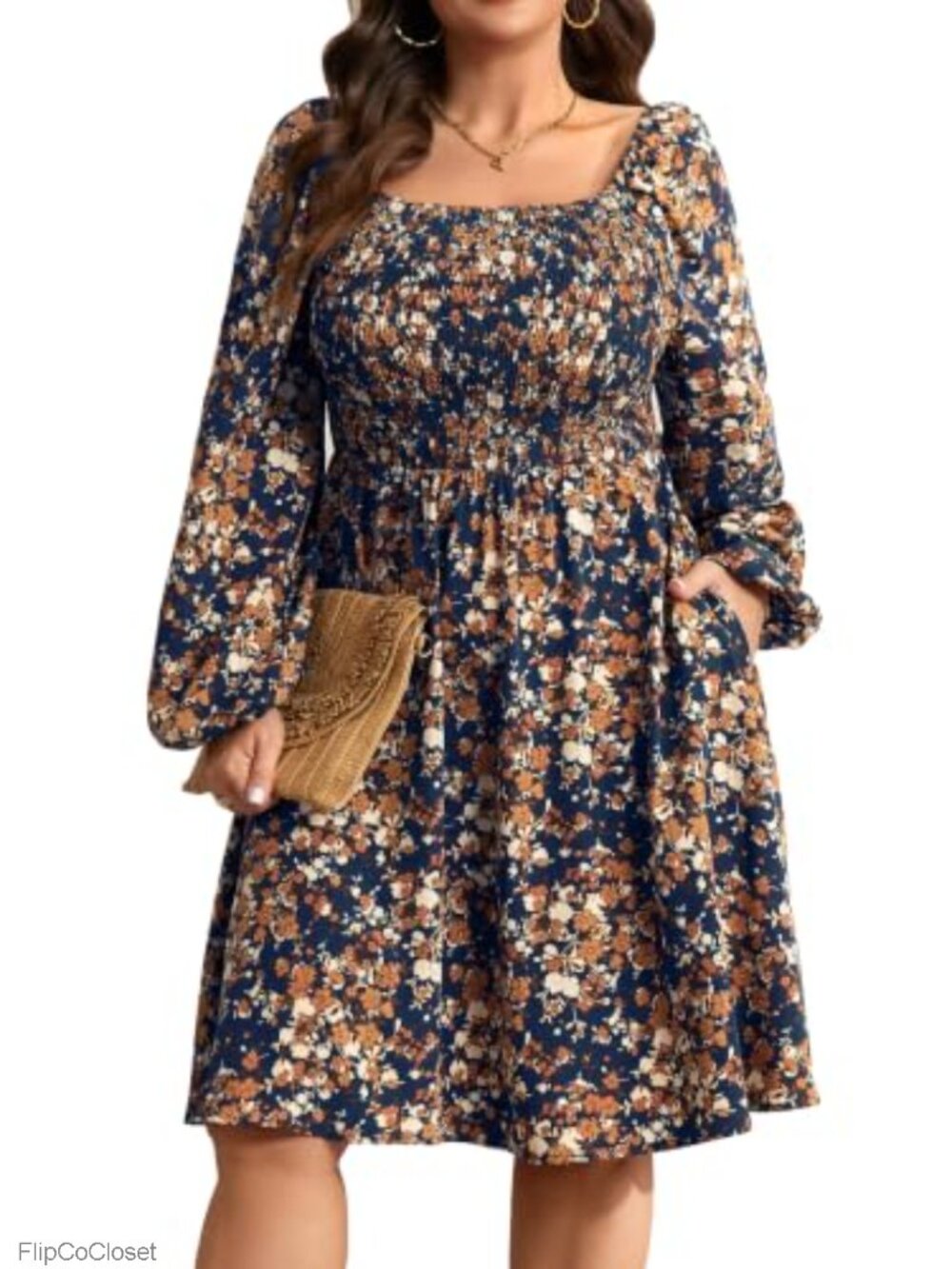 Plus Size A-Line Short Dress with Long Sleeve, Square Neck, Pockets